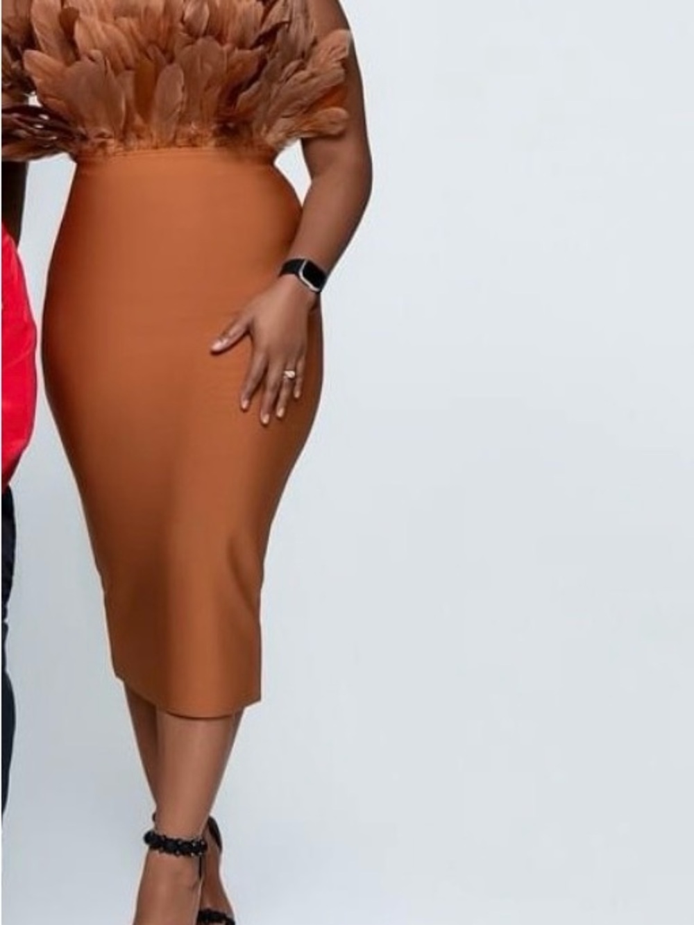 Fashion Nova Strapless Feather Bodice Midi Dress in Rust